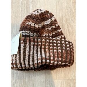 Vintage 80s Deadstock Striped Chenille Knit Cuffed Winter Beanie Hat Brown
